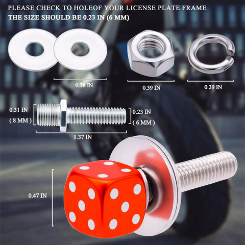 Dope Orange Dice License Plate Screws Kit with stainless bolts, aluminum caps, shown with dimensions for cars, trucks, vans, motorcycles.