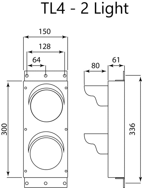 Diagram of Two Color Dock Traffic Signal Light Red Green LED, 4 Inch Lens, 90 To 260 VAC, with mounting dimensions.