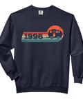 Totally Rad Vintage 1996 Born Camper RV Sweatshirt For Adults cozy hoodie with retro camper design in black soft-washed cotton