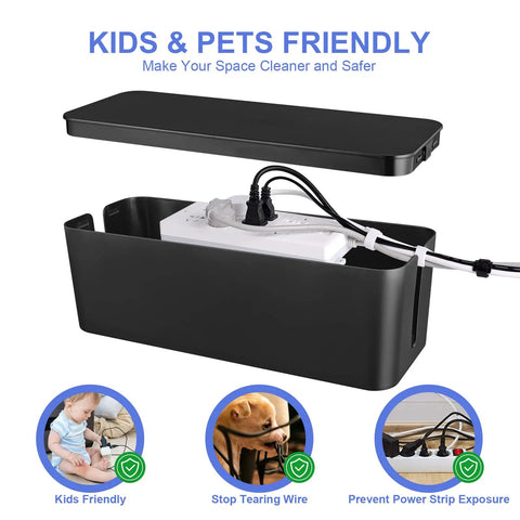 Triple Cable Organizer Box Set for Desk Tidy Up Wires Like a Pro With Large, Medium, and Small Cord Management Boxes, power strip inside black box