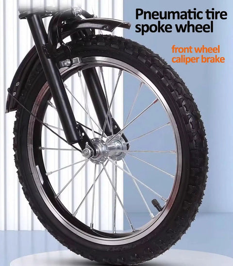 Pneumatic spoke wheel with caliper brake on Foldable Three Wheel Tricycle With Rear Cabin For Passengers, reinforced fork