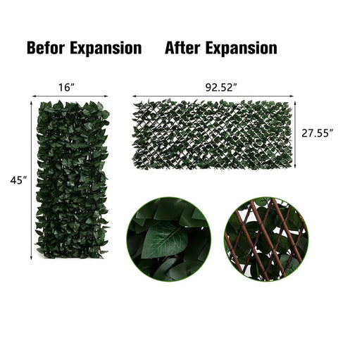 Expandable Fence Privacy Screen With Faux Ivy Fencing Panel For Balcony Patio Outdoor Use 16x45 Inch Closed To 92 Inch Wide FSC Certified Willow Frame Low Maintenance Garden Backyard Home Decor