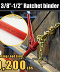 Beefy Heavy Duty 3/8-1/2 Inch Drop Forged Ratchet Load Binder securing heavy load, 9,200 Lbs working load limit, grab hooks visible