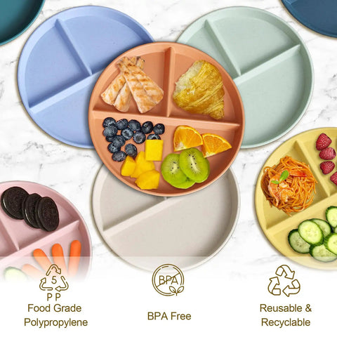 Set Of 8 Unbreakable 9 Inch Divided Plates For Adults With Portion Control, BPA Free Plastic Dinner Plates showing variety of colors and food servings