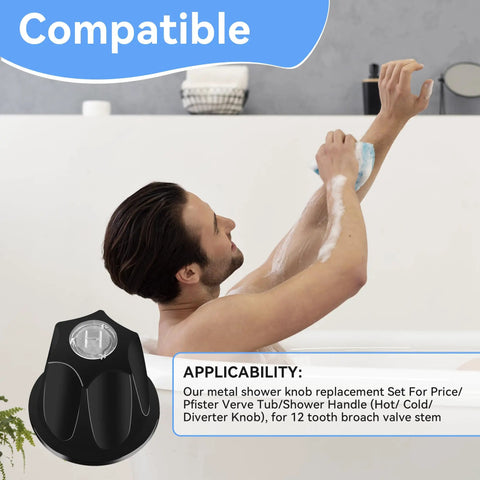 Matte Black 3-Piece Shower Knob Replacement Kit for Verve Tub Shower Handles shown next to a person using a bathtub