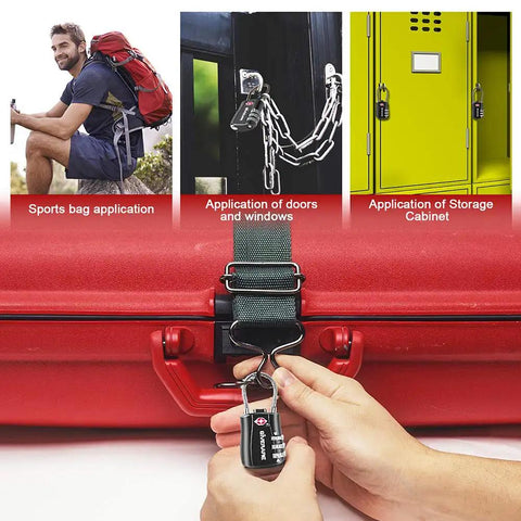 TSA Approved Luggage Lock With 3-Digit Keyless Dial securing a red travel bag, window, and locker, showcasing versatile uses.