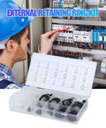 300 Piece E Clip Kit With 2mm To 32mm External Retaining Rings Set In Hardened Metal beside technician working with circuits
