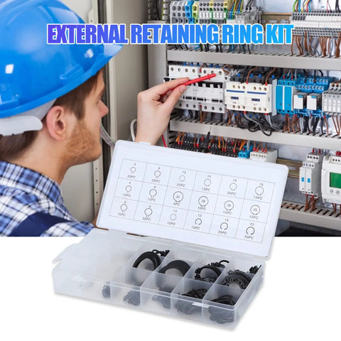 300 Piece E Clip Kit With 2mm To 32mm External Retaining Rings Set In Hardened Metal beside technician working with circuits
