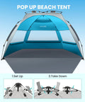 Pop Up Beach Tent For 3 To 4 People With Sandbags, Easy One Person Setup, Portable Sun Shade Canopy displayed with setup instructions.