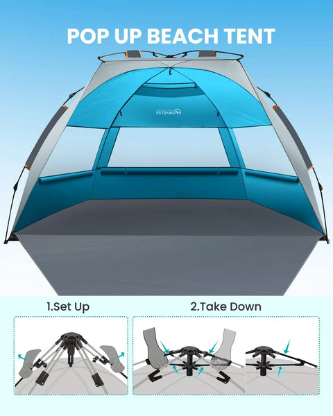 Pop Up Beach Tent For 3 To 4 People With Sandbags, Easy One Person Setup, Portable Sun Shade Canopy displayed with setup instructions.