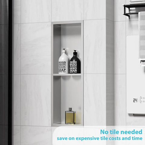 Stainless Steel Shower Niche With Double Shelves And Recessed Install For No Tile Needed Walls 8 Inch By 24 Inch Brushed Nickel Finish