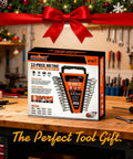 Rock Solid 12 Piece Metric Wrench Set With Compact Storage Holder Crafted From Tough Chrome Vanadium Steel And 12 Point Box Ends Covering 8mm To 19mm For Reliable Auto Shop Repairs placed on a workbench.