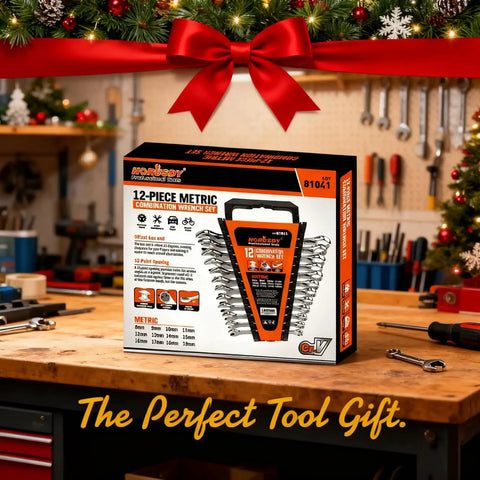 Rock Solid 12 Piece Metric Wrench Set With Compact Storage Holder Crafted From Tough Chrome Vanadium Steel And 12 Point Box Ends Covering 8mm To 19mm For Reliable Auto Shop Repairs placed on a workbench.