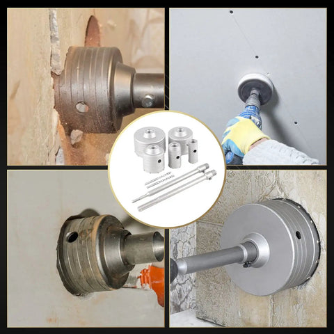 9 Piece Concrete Hole Saw Kit Heavy Duty With Tungsten Steel Core Bits in use on concrete and tiles