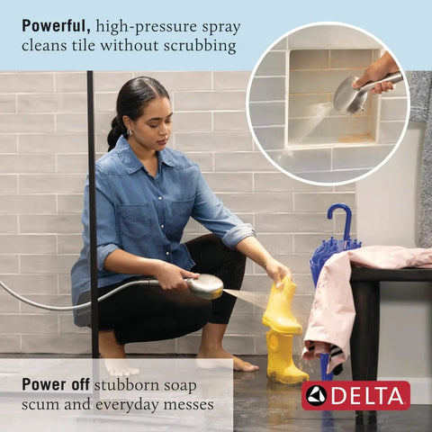 Woman cleaning tile with ProClean Handheld Shower Head With High Pressure Spray 6 Settings Brushed Nickel SpotShield Finish