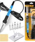 9 In 1 Soldering Kit With 60W Adjustable Temp Soldering Iron On Off Switch Quick Heat Up Includes 5 Tips Solder Wire Y Type Stand Light Blue Case