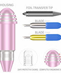 Top Tier Crafting Kit Featuring Two Replacement Blades Durable Housing And Foil Transfer Tip Designed For Electronic Vinyl Cutters with pink housing, two blades, and foil tip.