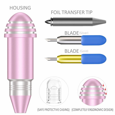 Top Tier Crafting Kit Featuring Two Replacement Blades Durable Housing And Foil Transfer Tip Designed For Electronic Vinyl Cutters with pink housing, two blades, and foil tip.