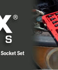 84 piece 3/8 Inch Drive Impact Socket Set Master SAE And Metric with Star and Triple Square Bits in red case on engine