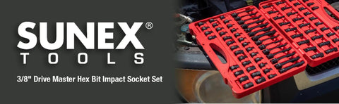 84 piece 3/8 Inch Drive Impact Socket Set Master SAE And Metric with Star and Triple Square Bits in red case on engine