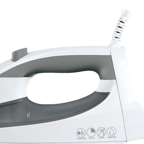 Side view of Quickpress Iron With Smart Steam Technology Auto Adjusts Steam By Fabric Setting, white silver handle close-up.