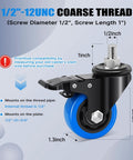 Diagram of 3 Inch Heavy Duty Stem Caster Wheels Set Of 4 With 1/2-13 Threaded Stem And 1 Inch Stem Length Swivel Casters and measurements