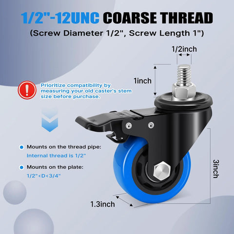 Diagram of 3 Inch Heavy Duty Stem Caster Wheels Set Of 4 With 1/2-13 Threaded Stem And 1 Inch Stem Length Swivel Casters and measurements