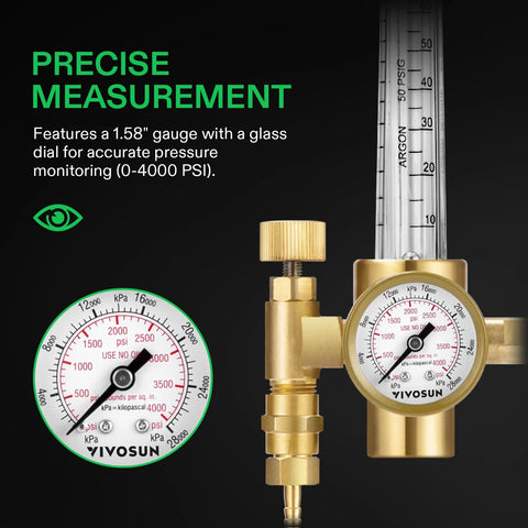 VIVOSUN argon/CO2 regulator, front view, brass body with dual gauges (CGA580 inlet).