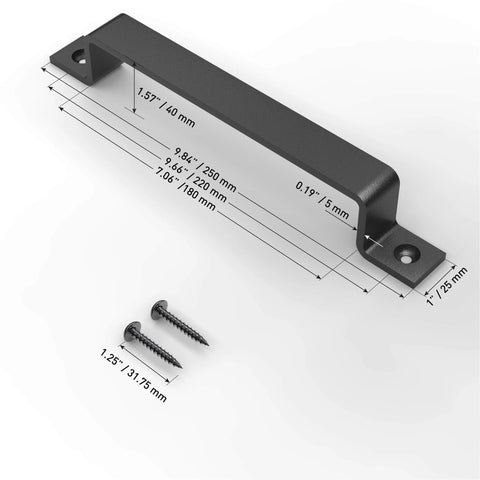 2 Pack 10 Inch Rustic Barn Door Handle Black Steel Pull with dimensions and screws for Sliding Doors Gates Sheds