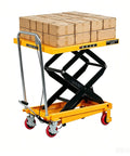 Beast Mode 350 Lb Hydraulic Lift Table Cart with Double Scissor Lift holding boxes, 50-inch max lift height