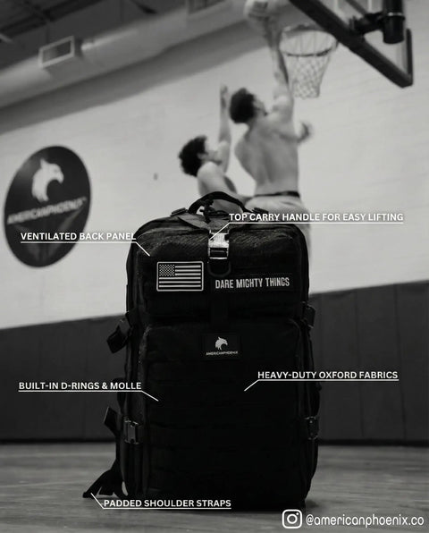 Elite 45L Tactical Backpack For Work And Missions in a gym, showing padded straps and MOLLE system, Carbon Black.