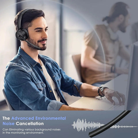 Man using Wireless Headset With Noise Canceling Microphone For Clear Calls, On Ear Bluetooth Headphones With USB Dongle