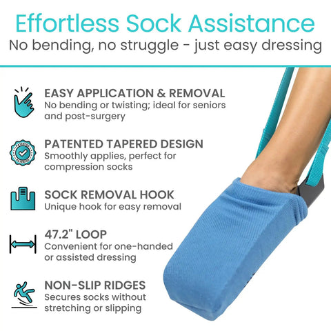 Sock Aid Easy On Easy Off Assist And Remover For Daily Living Helper With Patented Design No Bends Required No Sweat So Socks Go On And Off With Ease For Limited Mobility Recovery Seniors And Caregivers, 47.2-inch strap