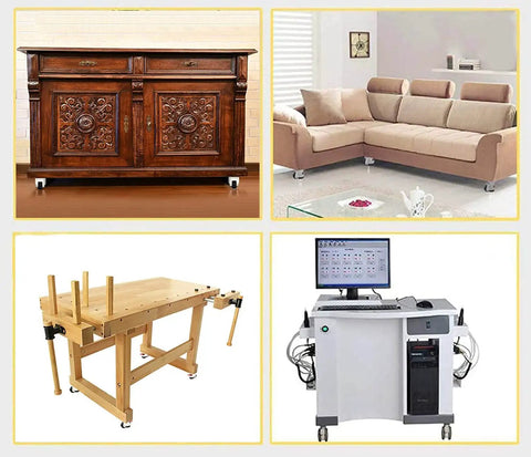 Built Tough Heavy Duty Leveling Casters Set Of 4 Retractable Machine Wheels on a wooden table, a modern couch, a stylish cabinet, and a computer desk.
