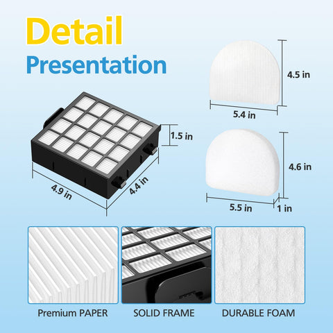 Replacement Filter Set for POWERDETECT Upright Vacuums AZ4002 AZ4000 AZ4000C AZ4002W with HEPA, foam, and felt filter dimensions shown.