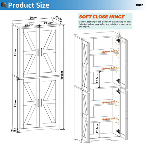 Diagram of Boss Black Wood Storage Cabinet With Four Doors And Adjustable Shelves showing dimensions and hinge details.