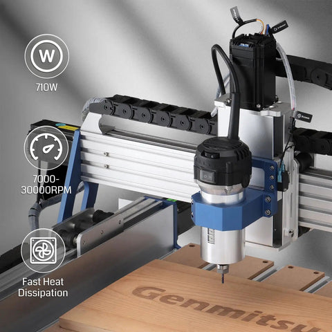 Powerful 710W Compact Palm Router With 65mm Diameter, Six Variable Speeds, ER11 Collet attached to CNC machine for woodworking.
