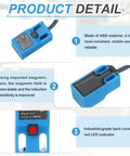 Close-up of Inductive Proximity Sensor With 4mm Sensing Range, DC 6-36V, 3-Wire PNP NC Normally Closed, rugged blue housing with features.