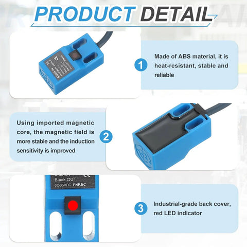Three-Pack SN04-P2 Inductive Proximity Sensor, DC 6-36V, 300mA, PNP Normally Closed, 4mm Sensing Range, blue sensor details