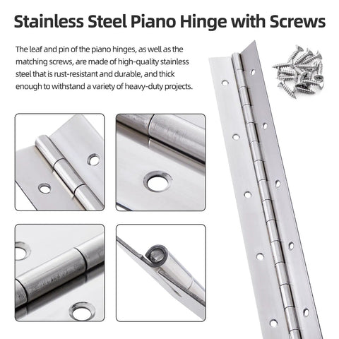 Built Like A Tank Stainless Steel Piano Hinge With Wide Pre Drilled Spacing 48 Inch continuous hardware with included screws.