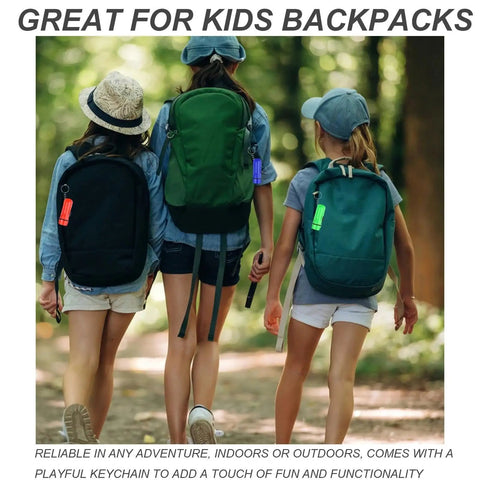 Children with backpacks featuring Mini LED Flashlight Keychain 24 Pack Bulk Assorted Colors for Hiking Camping Parties Night Reading.