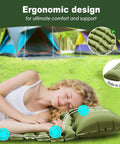 Woman sleeping on Ultralight Camping Sleeping Pad With Pillow And Built In Foot Pump Self Inflating Portable Mattress, tents in background