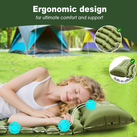 Woman sleeping on Ultralight Camping Sleeping Pad With Pillow And Built In Foot Pump Self Inflating Portable Mattress, tents in background