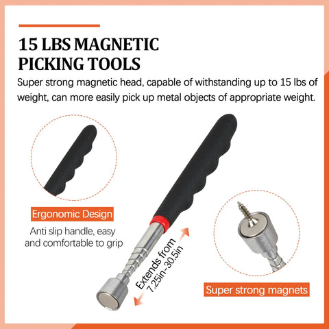 2-Piece Magnetic Pick Up Tool Set With Telescoping Magnets, 15 Lb And 2 Lb Pull Force, Super Handy For Car, Home, Garage And Office, Reaches Tight Gaps To Snag Small Screws, Keys, And Metal Parts