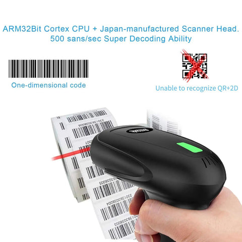 User holding Wireless Barcode Scanner 2 In 1 With 2.4GHz Wireless And USB 2.0 Wired Connection scanning product barcodes.