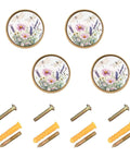 Gold Drawer Knobs Set Of 4 With Watercolor Wildflowers Round Cabinet Hardware Slick Furniture Pulls, zinc-alloy screws