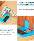 Digital caliper measuring 2mm on blue magnetic hinge jig for easy door and cabinet installations, no drill quick setup
