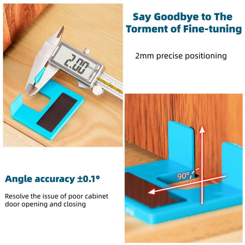 Digital caliper measuring 2mm on blue magnetic hinge jig for easy door and cabinet installations, no drill quick setup
