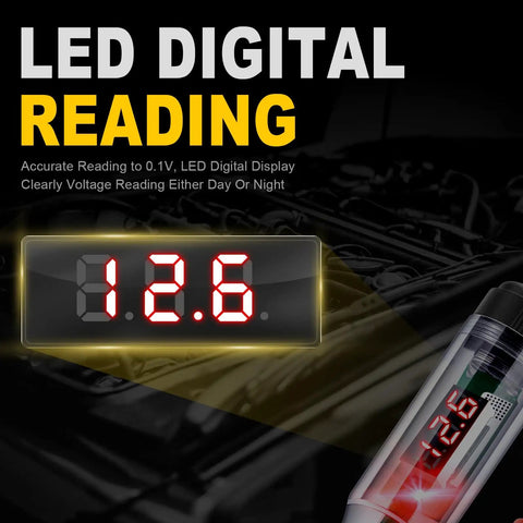 5-90V Digital LED Circuit Tester With Voltage Display Auto Bidirectional Light Tester Extended Spring Wire And Probe For Cars Trucks RVs And More Easy Read Electrical Voltage Checker For Vehicle Troubleshooting showing LED digital reading 12.6V