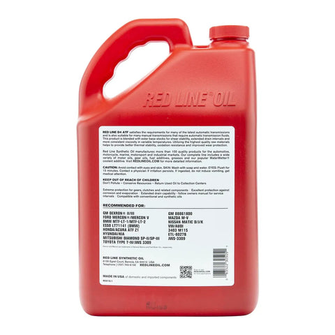 Rear label of D4 Synthetic Automatic Transmission Fluid, Dexron III II compatible, 1 gallon red container with product details.